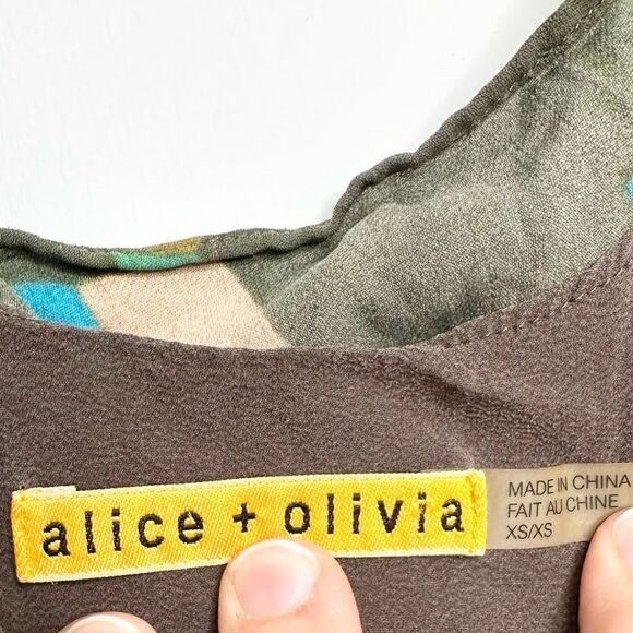 Alice + Olivia Multicolor Short Dress Size XS/S 100% Silk Brown Artsy Geometric - Picture 6 of 9